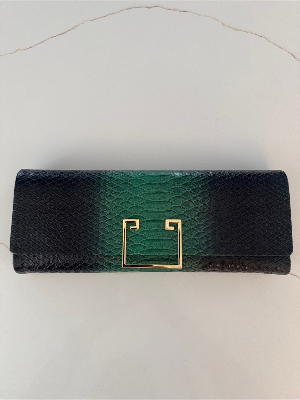 Shanghai Tang Green and Black Snake-Effect Clutch with Gold Accent